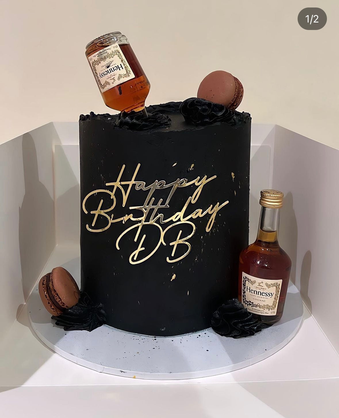 Black macaroon Hennessy cake