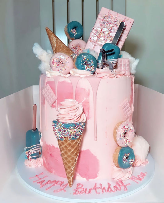 Pink & blue ice cream drip cake